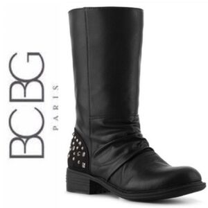 BCBG Paris Amy Studded Heel Slouchy Moto Boot Black Faux Fake Leather Size 7.5
